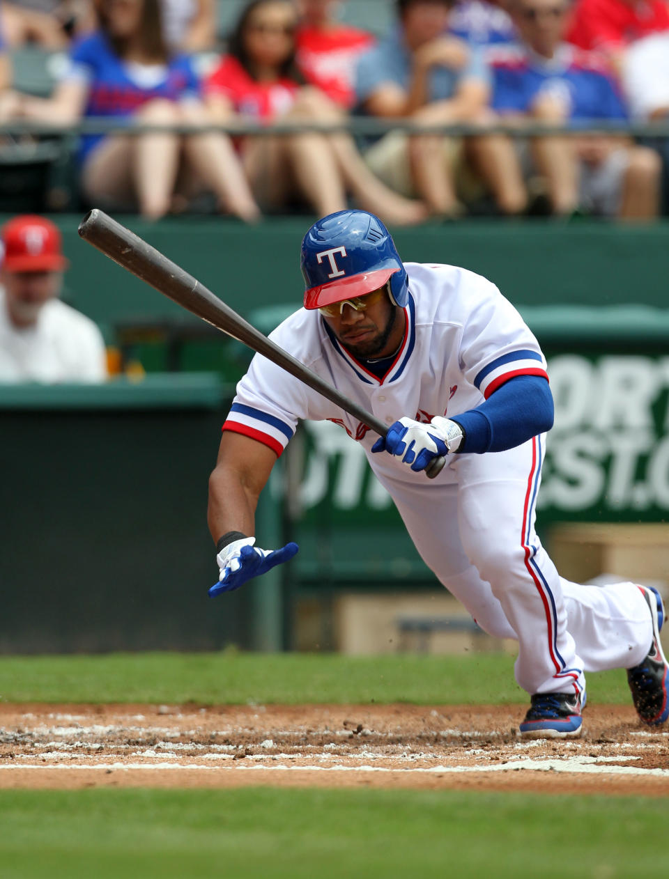 ARLINGTON, TX - MAY 12: Elvis Andrus #1 of the Texas Rangers avoids the pitch of Los Angeles Angels of Anaheim C.J. Wilson on May 12, 2012 in Arlington, Texas. (Photo by Layne Murdoch/Getty Images)