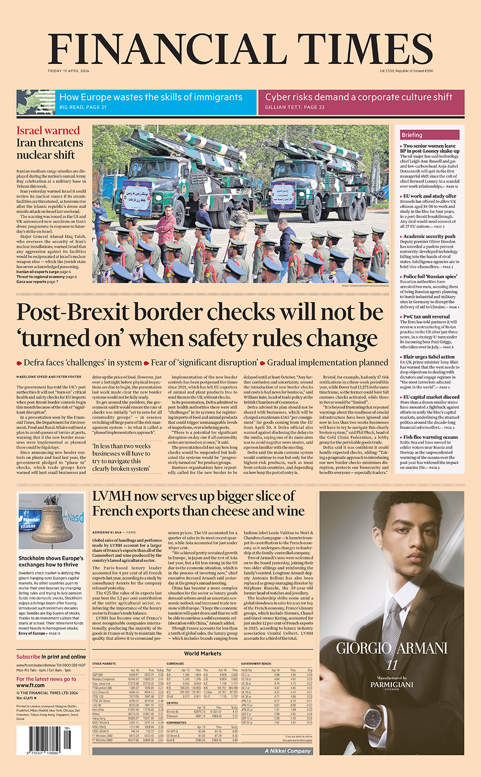 The headline in the Financial Times reads: "Post-Brexit border checks will not be 'turned on' when safety rules change".