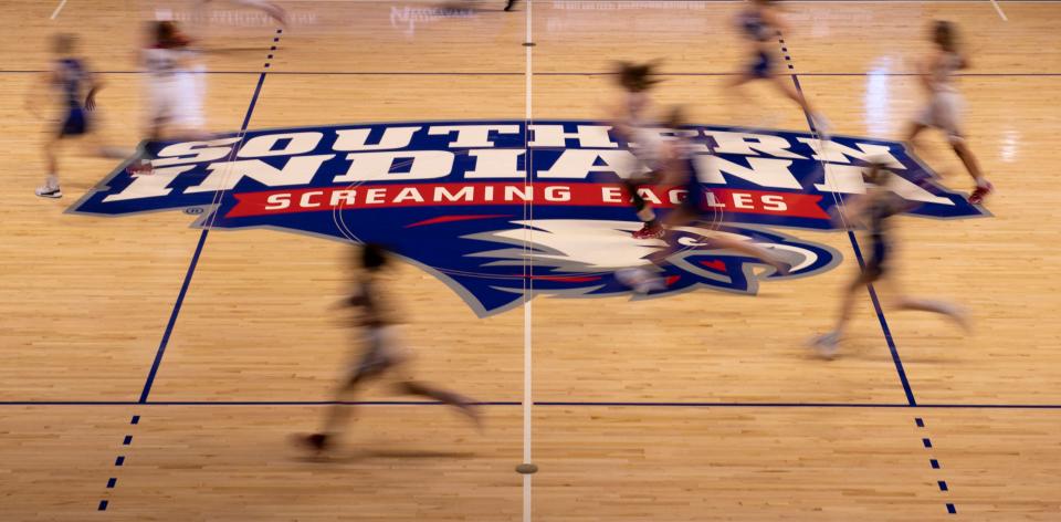 The University of Southern Indiana Screaming Eagles hosts the Rockhurst Hawks at Screaming Eagles Arena in Evansville, Friday afternoon, Feb. 4, 2022. USI trustees are set to make a decision about changing to Division I on Monday.