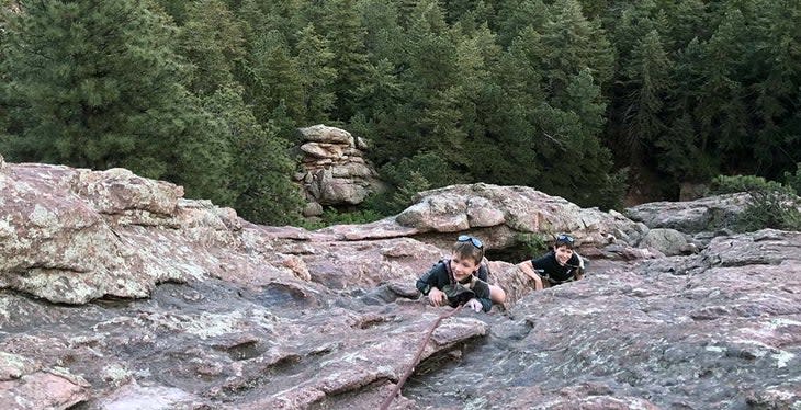 The author’s sons, Alex and Ivan, roped up on Freeway 5.0 on the Second Flatiron, outside Boulder, Colorado. Photo: Matt Samet