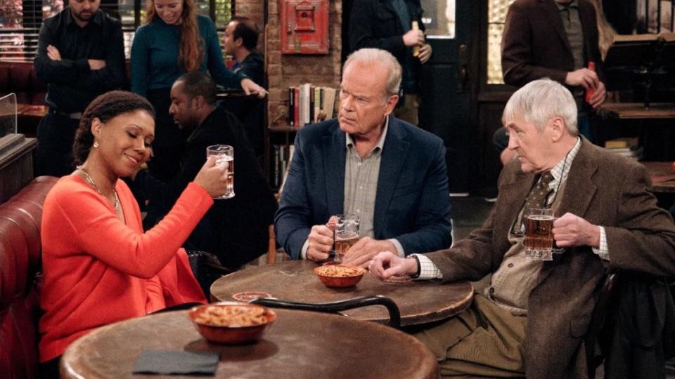 Toks Olagundoye as Olivia, Kelsey Grammer as Frasier Crane and Nicholas Lyndhurst as Alan in Frasier