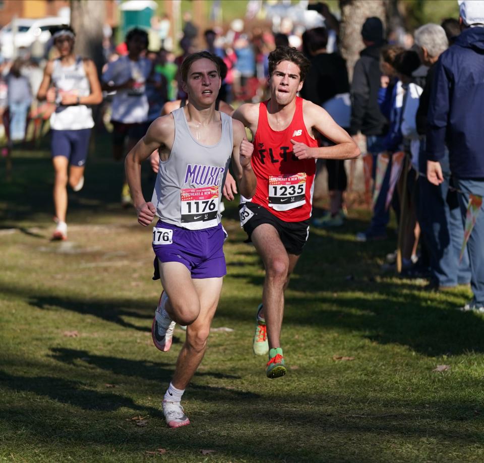 Fox Lane's Noah Bender (1235) competes in the Nike Cross Regionals New York qualifying race  at Bowdoin Park in Wappingers Falls on Saturday, November 26, 2022.