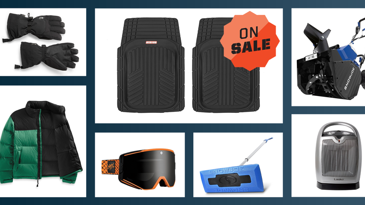 winter gloves, car mats, snow blower, portable heater, snow brush, ski goggles, down jacket, on sale