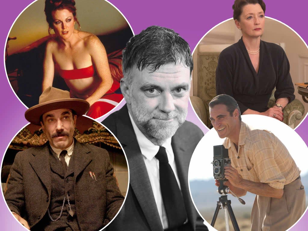 Paul Thomas Anderson (centre), and Lesley Manville, Joaquin Phoenix, Daniel Day-Lewis and Julianne Moore (clockwise from top right)  (Rex/Getty/New Line Cinema/Miramax Films/Focus Features)