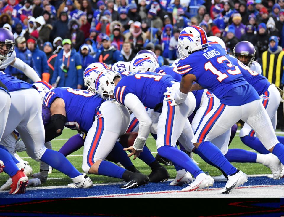 Nov 13, 2022; Orchard Park, New York, USA; Buffalo Bills quarterback Josh Allen (17) fumbles the snap trying to clear the end zone resulting in a recovery by the Minnesota Vikings to score a touchdown in the fourth quarter at Highmark Stadium. Mandatory Credit: Mark Konezny-USA TODAY Sports