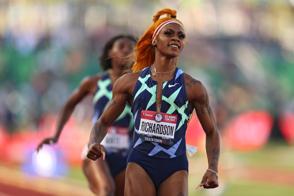 Sha'Carri Richardson runs in the Women's 100 Meter semifinal on day 2 of the 2020 U.S. Olympic Track & Field Team Trials at Hayward Field on June 19, 2021 in Eugene, Oregon. (Patrick Smith/Getty Images)