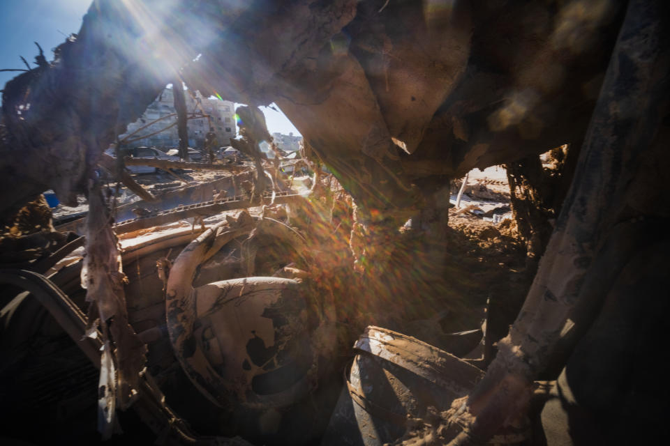 View of the destruction after the floods in Derna, Libya, Friday, Sept. 15, 2023. Search teams are combing streets, wrecked buildings, and even the sea to look for bodies in Derna, where the collapse of two dams unleashed a massive flash flood that killed thousands of people. (AP Photo/Ricardo Garcia Vilanova)