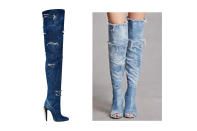 <p>Brian Atwood for Victoria’s Secret “Punk Angel” distressed denim boots, left, and Forever 21 stiletto denim boots, <a rel="nofollow noopener" href="https://www.forever21.com/us/shop/Catalog/Product/F21/branded-shop/2000268361/01?gclid=EAIaIQobChMIsNW6x67f1wIVj1cNCh3AdQwDEAkYAiABEgL-fPD_BwE" target="_blank" data-ylk="slk:$31 Forever 21;elm:context_link;itc:0;sec:content-canvas" class="link ">$31 Forever 21</a> (Photo: Victoria’s Secret/Forever 21) </p>