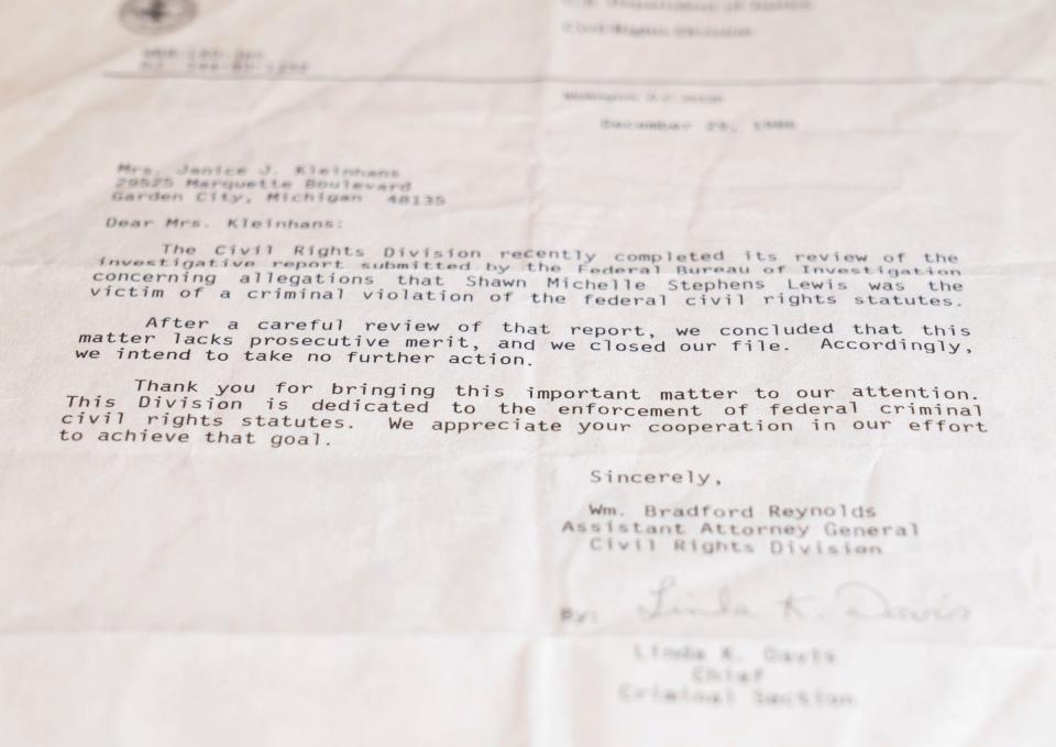 A letter from the United States Department of Justice letting the family of the late Shawn Stephens know they could not find cause to continue their investigation into her death, which was under suspicious circumstances of the woman who was found dead 3-months after marrying Jerry Lee Lewis in the 1980s.