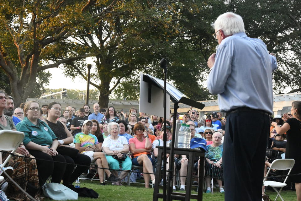 Presidential hopeful and Vermont Sen. Bernie Sanders addresses a town hall gathering on climate change on Thursday, Aug. 29, 2019, in Myrtle Beach, S.C. (AP Photo/Meg Kinnard)