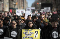 <p>Protestors attend the March For Our Lives just north of Columbus Circle, March 24, 2018 in New York City. (Drew Angerer/Getty Images) </p>