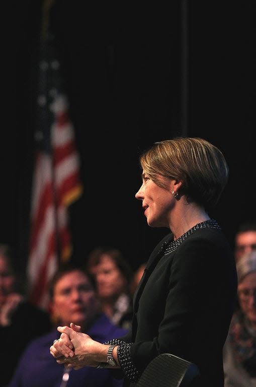 Attorney General Maura Healey spoke to a packed auditorium Monday night at Derby Academy in Hingham.