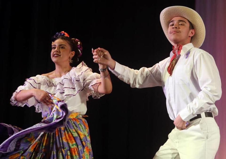 Desirae Trejo and Diego Zendejas perform ‘El Apasionado’ from Baja California Sur at the Central East Danzantes de Tláloc 25th anniversary show at the Performing Arts Center on May 26, 2023.