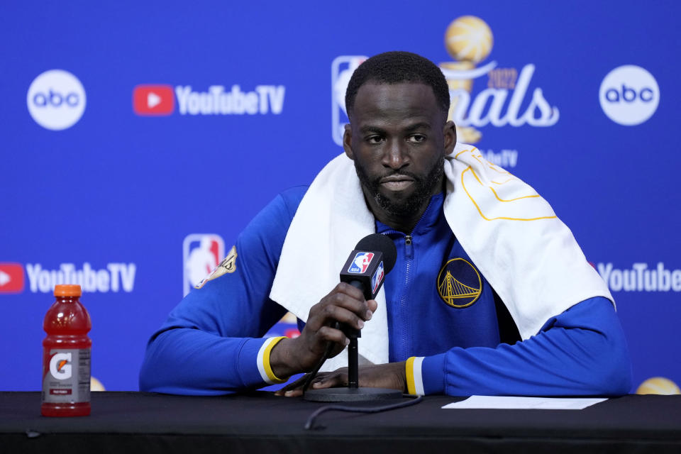 SAN FRANCISCO, CALIFORNIA - JUNE 13: Draymond Green #23 of the Golden State Warriors talks with media during a press conference after the 104-94 win against the Boston Celtics in Game Five of the 2022 NBA Finals at Chase Center on June 13, 2022 in San Francisco, California. NOTE TO USER: User expressly acknowledges and agrees that, by downloading and/or using this photograph, User is consenting to the terms and conditions of the Getty Images License Agreement. (Photo by Thearon W. Henderson/Getty Images)