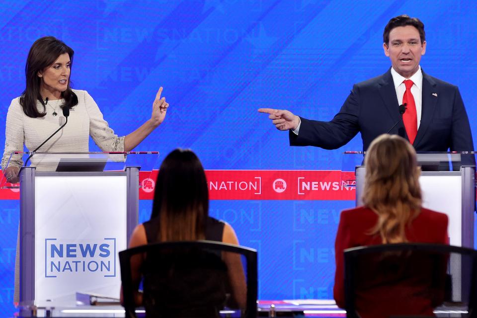 Republican presidential candidates former U.N. Ambassador Nikki Haley (L) and Florida Gov. Ron DeSantis participate in the NewsNation Republican Presidential Primary Debate at the University of Alabama Moody Music Hall on December 6, 2023 in Tuscaloosa, Alabama. Photo by Justin Sullivan/Getty Images)