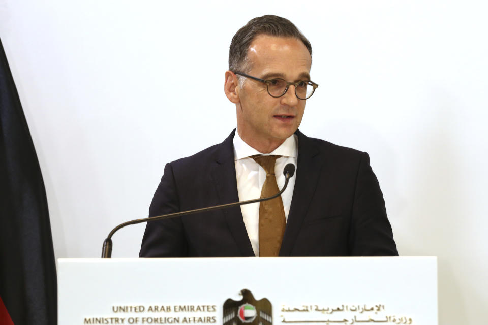 German Foreign Minister Heiko Maas speaks during a news conference with the foreign minister of the United Arab Emirates, Sheikh Abdullah bin Zayed Al Nahyan, in Abu Dhabi, United Arab Emirates, Sunday, June 9, 2019. Maas said it remains important to stop any "spiral" of escalation in the Persian Gulf amid heightened tensions with Iran. Maas visited the UAE as part of a Mideast tour before heading to Iran. (AP Photo/Jon Gambrell)