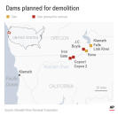 Map shows Klamath River dams in California and Oregon.;