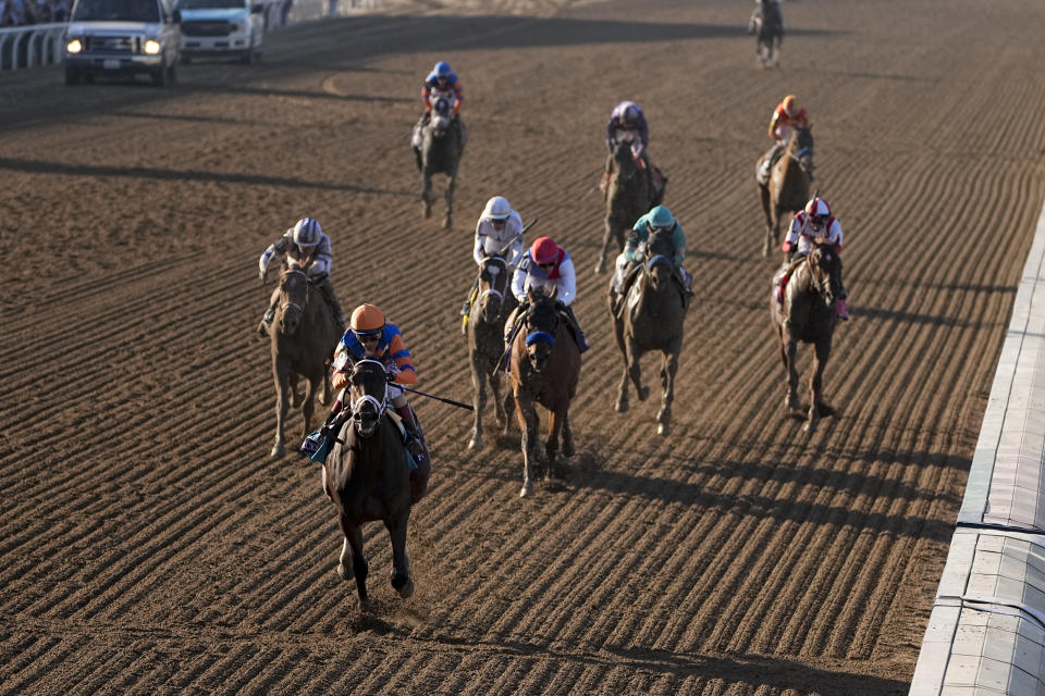 John Velazquez rides Fierceness to win the Breeders' Cup Juvenile horse race Friday, Nov. 3, 2023 at Santa Anita Park in Arcadia, Calif. (AP Photo/Mark J. Terrill)