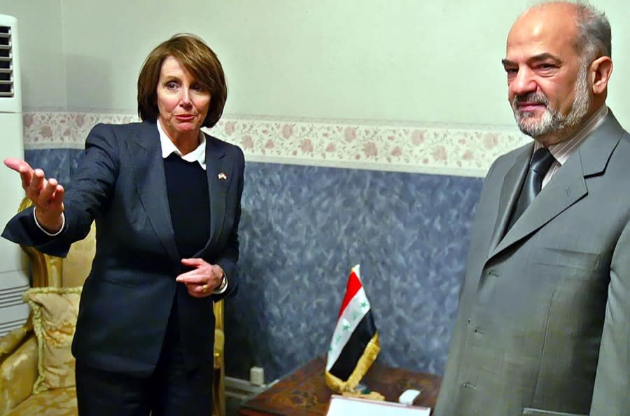 Iraq’s Vice President Ibrahim al-Jaafari meets with with Rep. Nancy Pelosi and other members of a U.S. Congressional Delegation March 24, 2005 in Baghdad, Iraq. (Photo by Faleh Kheiber-Pool/Getty Images)