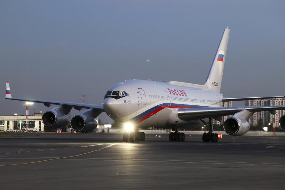 An Ilyushin IL-96 Russian Presidential Aircraft carrying Russian President Vladimir Putin on board taxis after landing at an International airport outside Tashkent, Uzbekistan, Sunday, May 26, 2024. (Mikhail Metzel, Sputnik, Kremlin Pool Photo via AP)