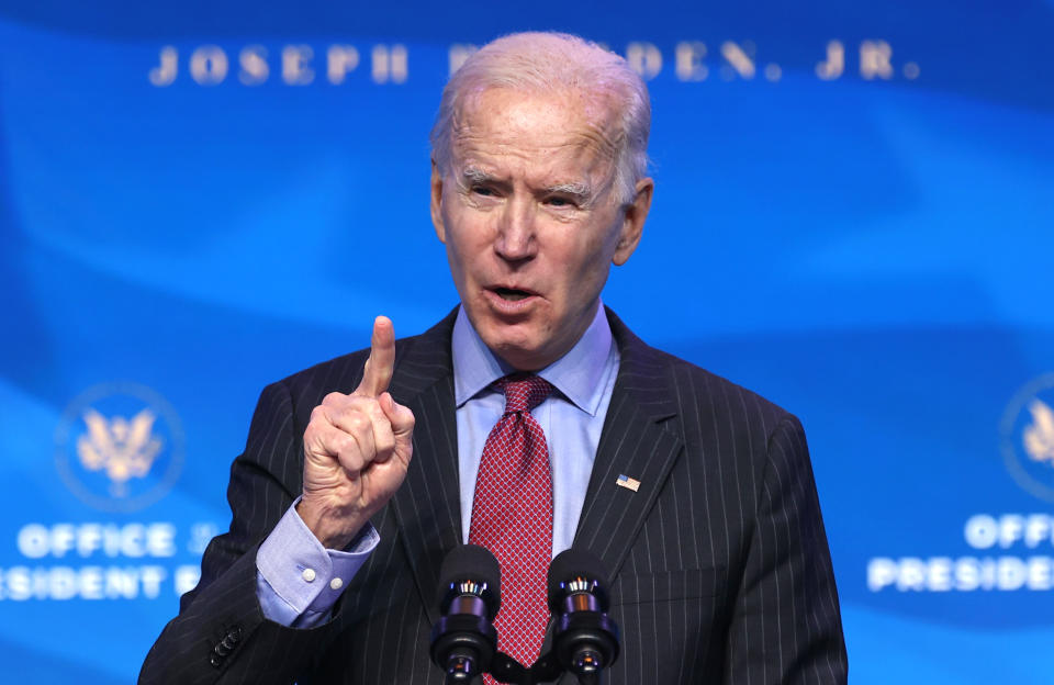 WILMINGTON, DELAWARE - JANUARY 08: U.S. President-elect Joe Biden delivers remarks after he announced cabinet nominees that will round out his economic team, including secretaries of commerce and labor, at The Queen theater on January 08, 2021 in Wilmington, Delaware. Biden announced he is nominating Rhode Island Gov. Gina Raimondo as his commerce secretary, Boston Mayor Martin J. Walsh his labor secretary and Isabel Guzman, a former Obama administration official, as head of the Small Business Administration. (Photo by Chip Somodevilla/Getty Images)