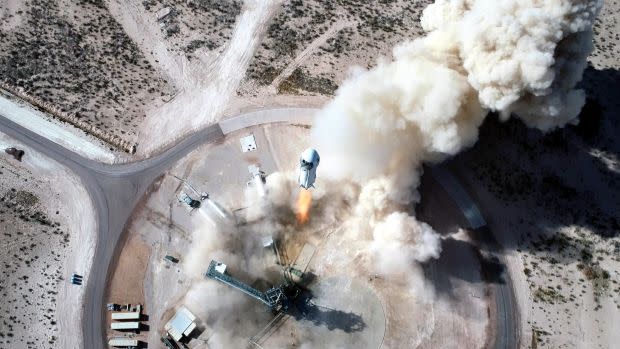 A New Shepard rocket lifts off in Texas in January 2021.