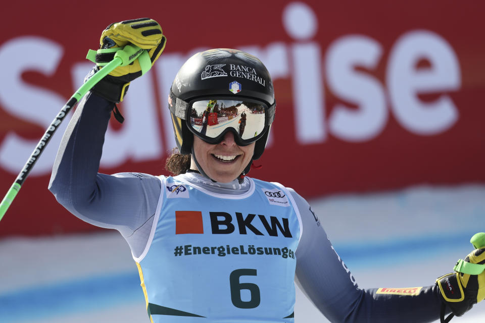 Italy's Federica Brignone gets to the finish area after completing an alpine ski, women's World Cup super-G, in Crans Montana, Switzerland, Sunday, Feb. 18, 2024. (AP Photo/Marco Trovati)