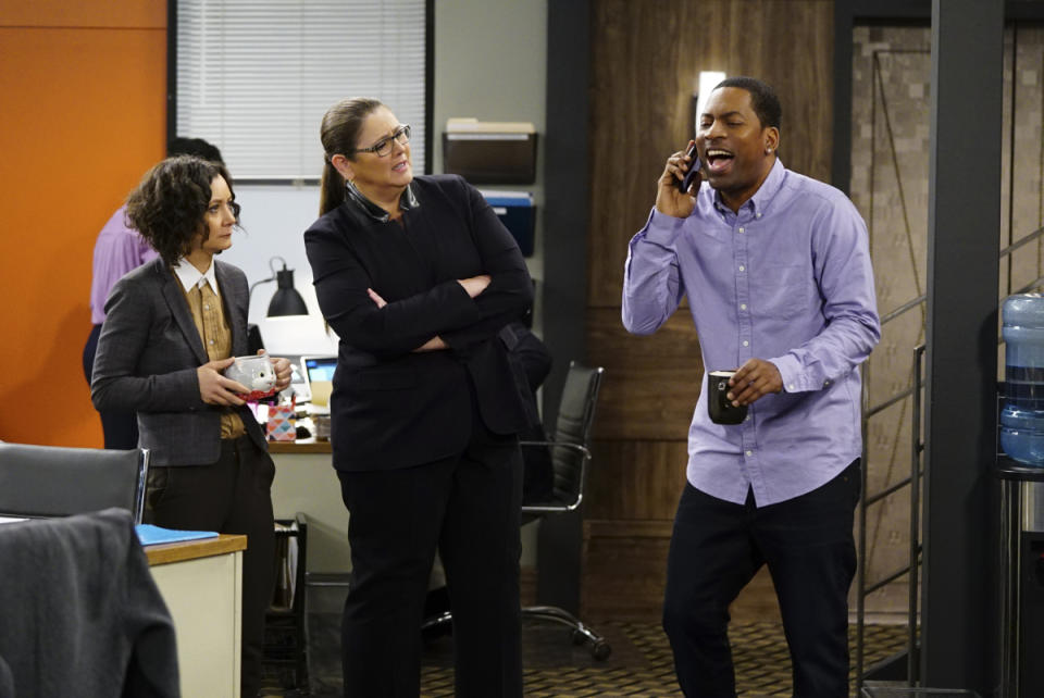 The supporting players of <em>Living Biblically</em>, left to right, Sara Gilbert as Cheryl, Camryn Manheim as Ms. Meadows, and Tony Rock as Vince (Photo: Sonja Flemming/CBS)