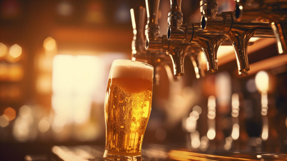 A closeup shot of a beer tap pouring a golden lager.