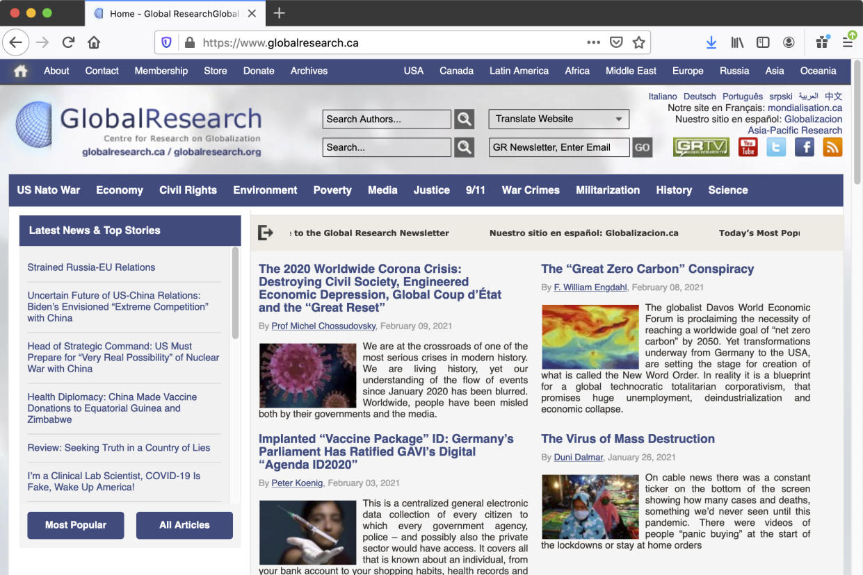 This Feb. 12, 2021 image shows the webpage of the The Centre For Research on Globalisation. The organization publishes authors from around the world, many of whom have advanced baseless claims about the U.S. role in the coronavirus outbreak. (AP Photo)