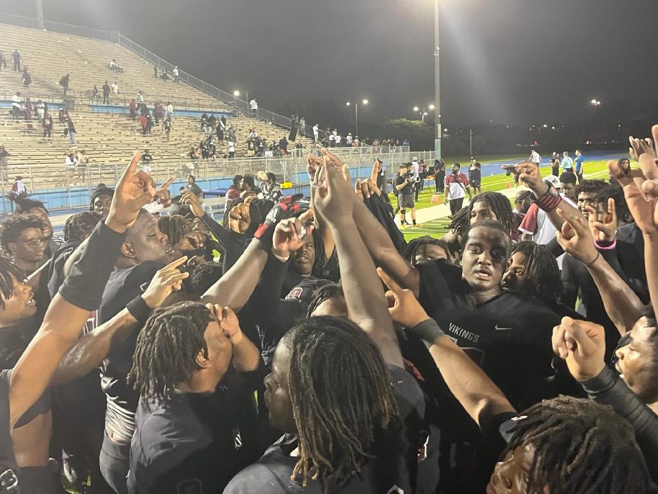 Miami Norland football celebrates a victory over Miami Central on Friday, Oct. 13, 2023.