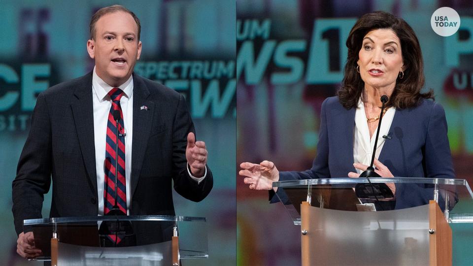 Democratic Gov. Kathy Hochul and Republican candidate Lee Zeldin participated in a debate for New York Governor hosted by Spectrum News NY1 and WNYC, Tuesday, Oct. 25, 2022, at Pace University in New York.