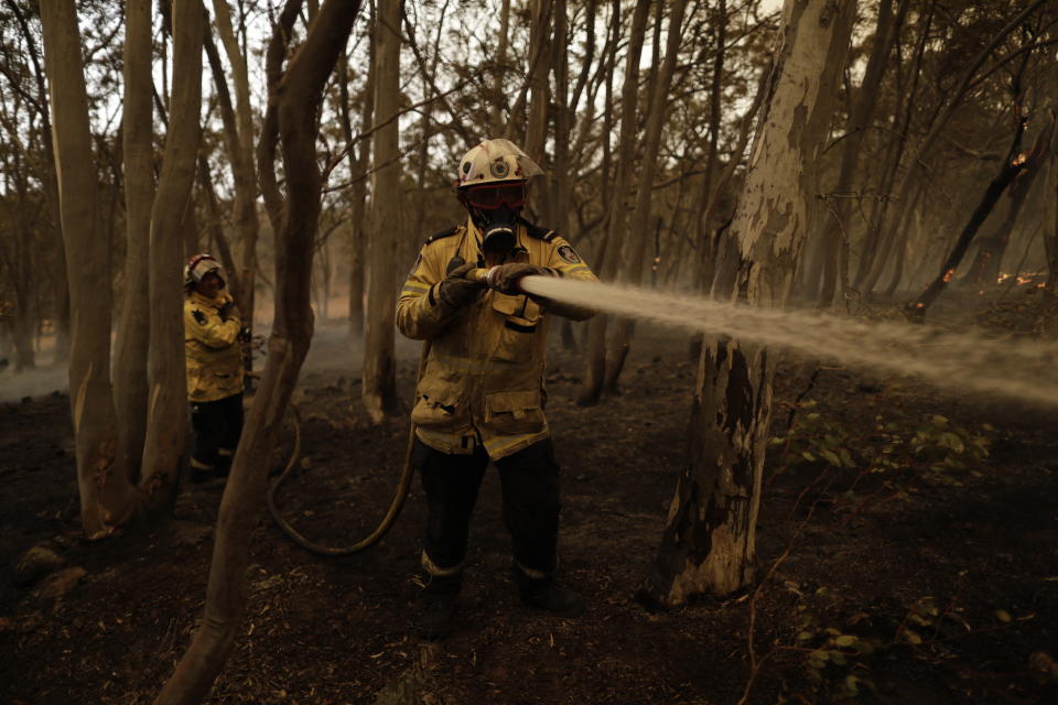 NSW RFS has confirmed all bush and grass fires in NSW have been contained. Pictured are firefighters holding a hose.