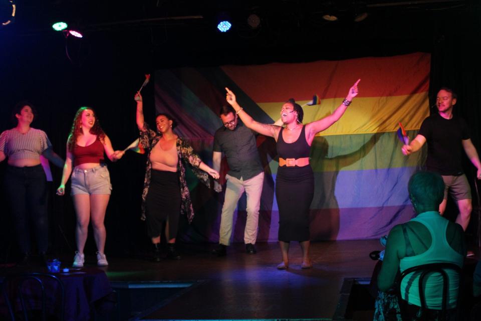 Magnolia Minxx leads the Bay Street Cabaret ensemble in “I’m Coming Out” during a June 2022 performance of “Say Gay: Telling Our Stories with Music from LGBTQIA+ Artists, Allies, and Icons.”