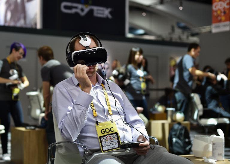 A virtual reality system at the Oculus booth during the Game Developers Conference in San Francisco, California on March 4, 2015