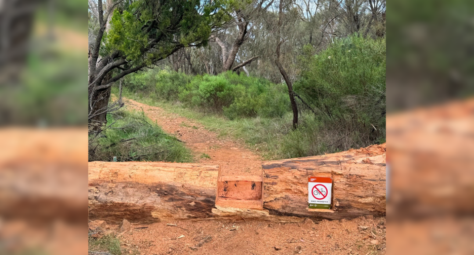 Image of the new tree log barrier lying across the path with 'bikes prohibited' sign on the Casuarina Walking Trail on Mount Majura posted by The National Parks Association of ACT.