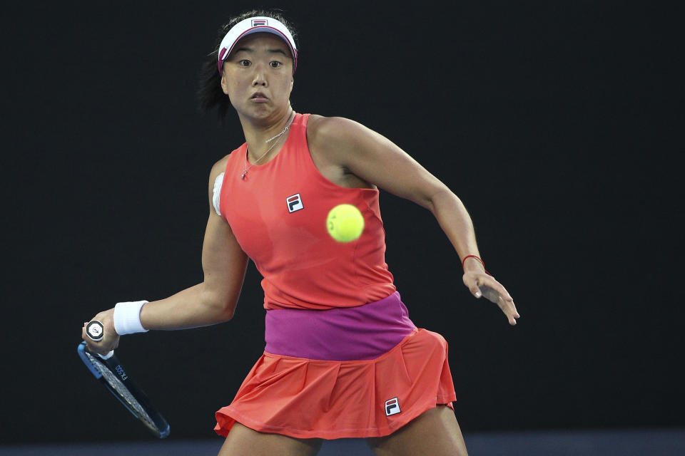 Ann Li of the United States plays a forehand during her singles match against Aliaksandra Sasnovich of Belarus at Summer Set tennis tournament ahead of the Australian Open in Melbourne, Australia, Saturday, Jan. 8, 2022. (AP Photo/Hamish Blair)