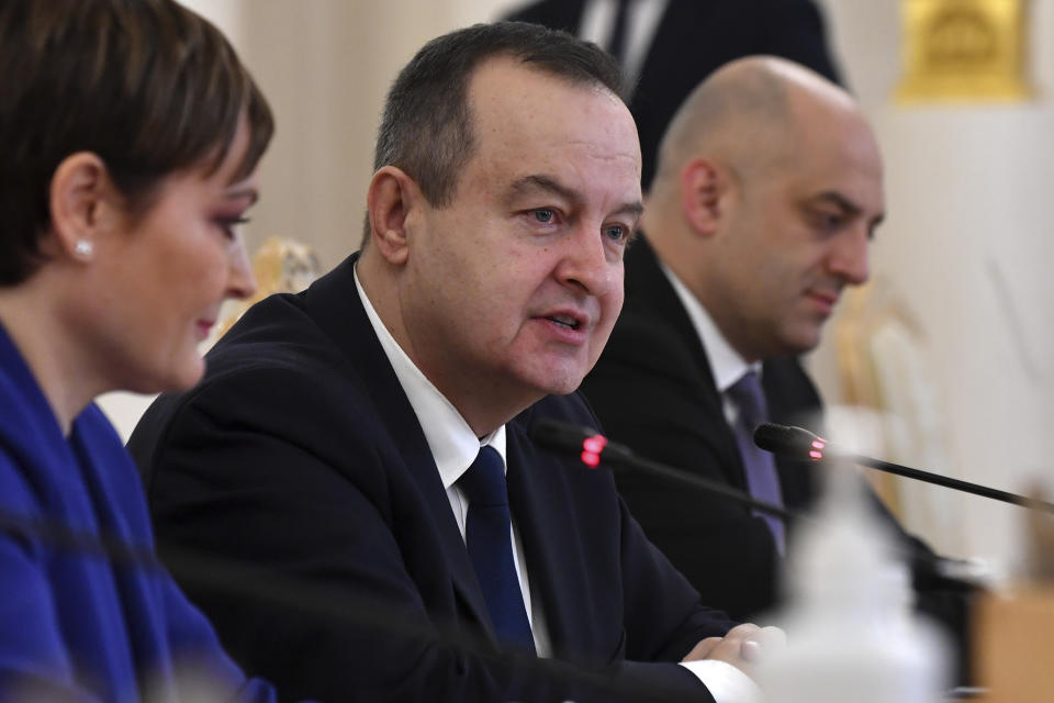 Serbian Foreign Minister Ivica Dacic attends a meeting with Russian Foreign Minister Sergey Lavrov in Moscow, Russia, Thursday, March 21, 2024. (Olga Maltseva /Pool Photo via AP)