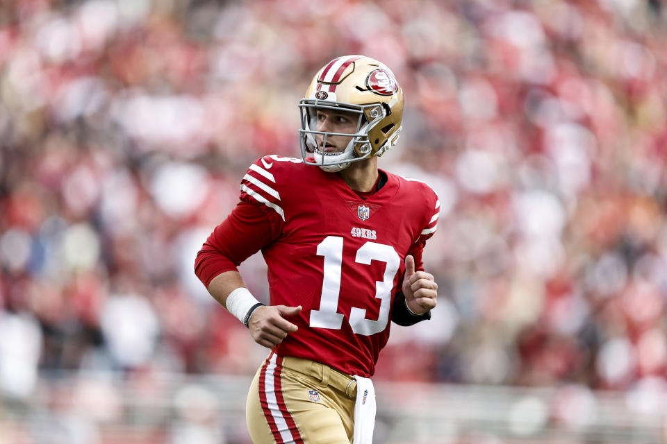 Brock Purdy #13 of the San Francisco 49ers is gaining fantasy value