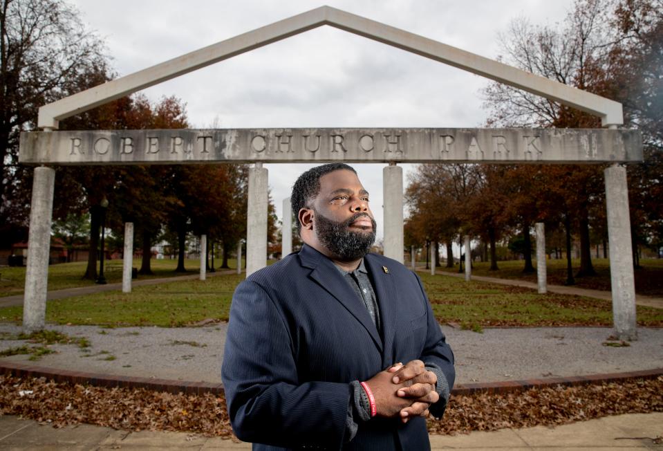 Darrell Cobbins, the vice chair of the State Board of Education in Tennessee, poses for a photo at Robert R. Church Park in Memphis on Nov. 20, 2020.