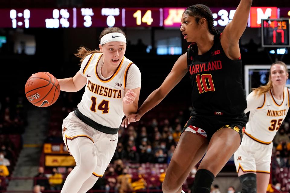 Minnesota guard Sara Scalia (14) drives past Maryland guard Angel Reese during the first half an NCAA college basketball game Sunday Jan. 9, 2022, in Minneapolis. (AP Photo/Craig Lassig)