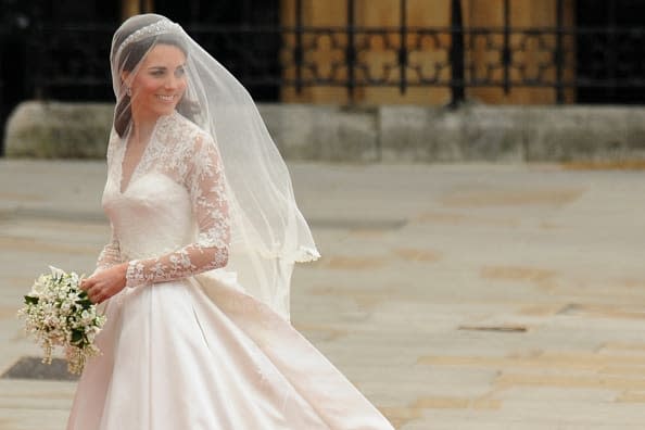 <div class="inline-image__caption"><p>Kate Middleton smiles as she arrives at the West Door of Westminster Abbey in London for her wedding to Britain’s Prince William, on April 29, 2011.</p></div> <div class="inline-image__credit">Ben Stansall/AFP via Getty Images</div>