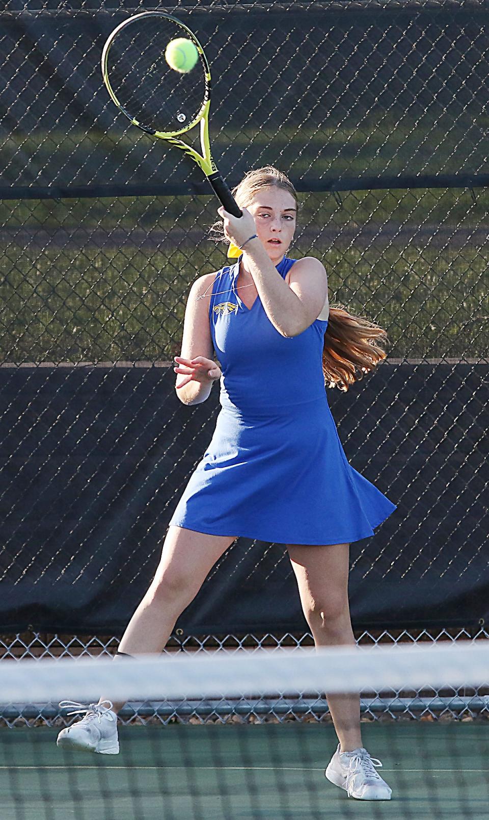 Avery Tennant of Aberdeen Central hits a return shot during a second-flight singles match during the opening day of the state Class AA high school girls tennis tournament on Thursday, Oct. 5, 2023 at Sioux Falls.