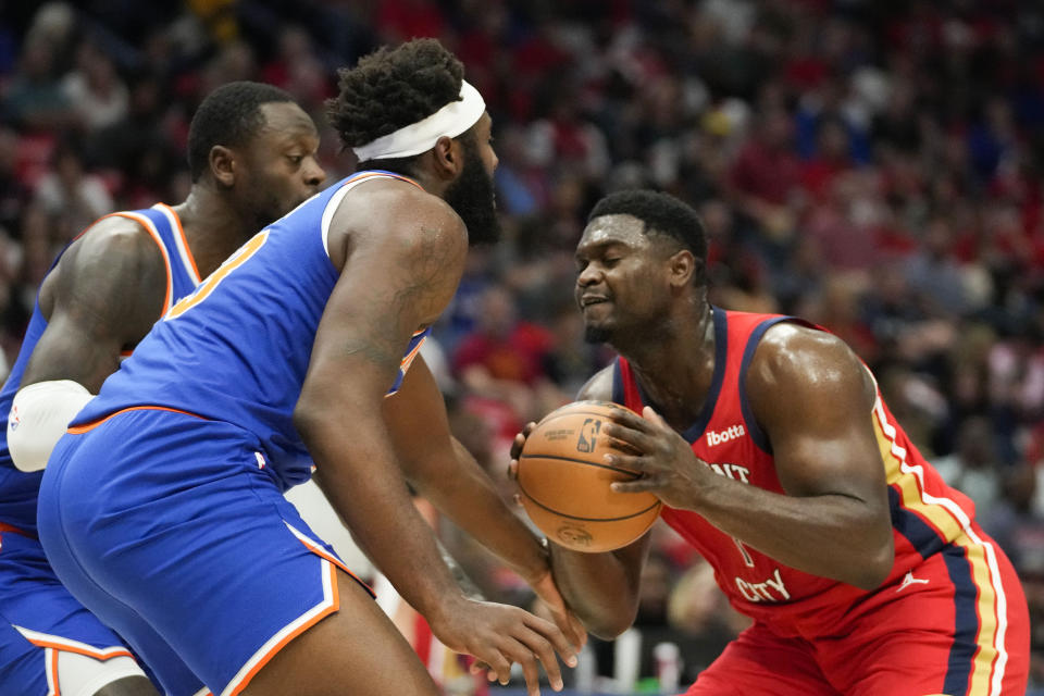 New Orleans Pelicans forward Zion Williamson drives to the basket in the first half of an NBA basketball game against the New York Knicks in New Orleans, Saturday, Oct. 28, 2023. (AP Photo/Gerald Herbert)