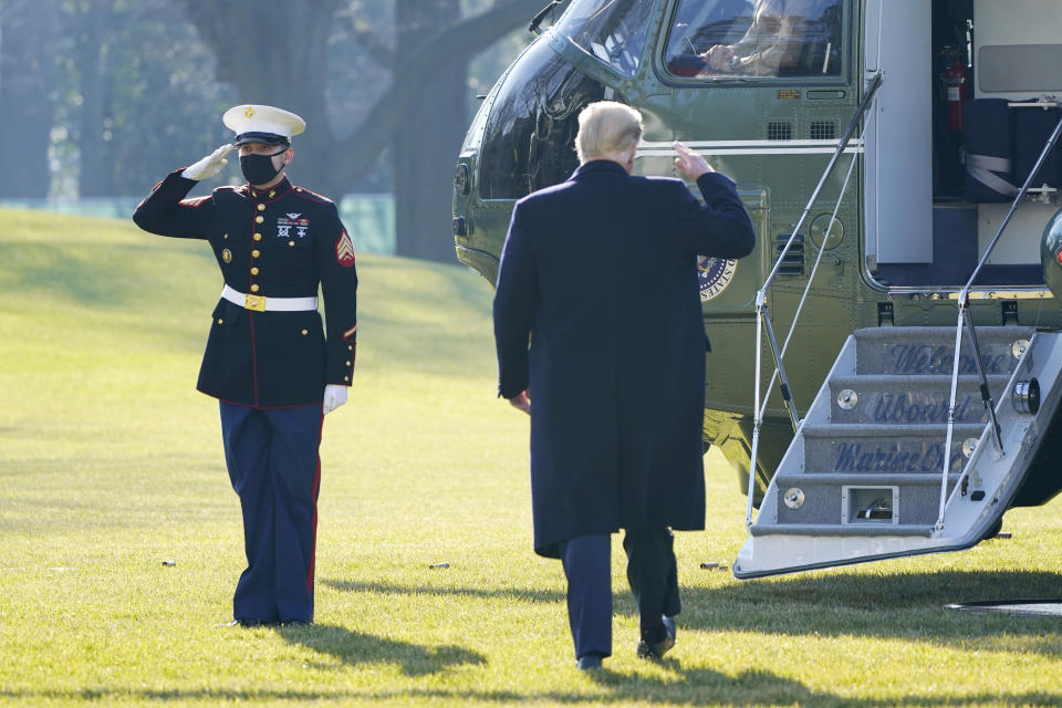 President Donald Trump walks to board Marine One on the South Lawn of the White House, Tuesday, Jan. 12, 2021 in Washington. The President is traveling to Texas. (AP Photo/Gerald Herbert)