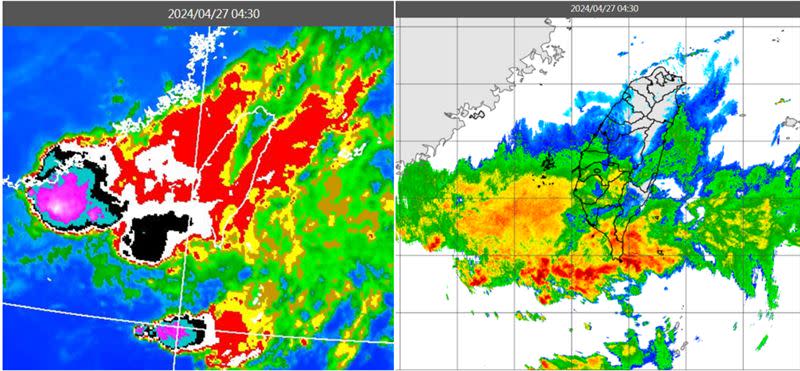 圖：今(27日)晨4：30紅外線色調強化雲圖顯示，對流雲系在巴士海峽及台灣西南方海面，其高層「砧狀雲」擴及台灣上空(左圖)；4：30雷達回波合成圖顯示，台灣上空有弱降水回波(右圖)。