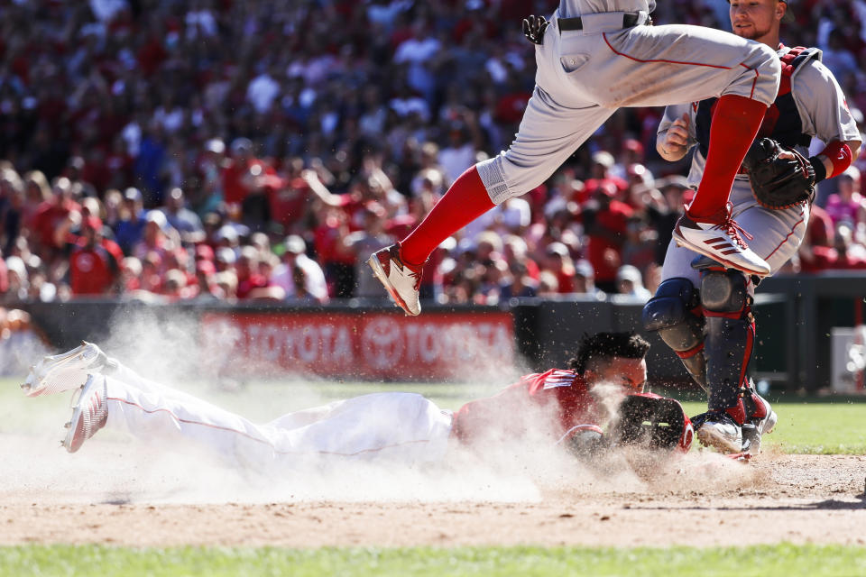 Billy Hamilton scored from first on a failed pick-off that turned into a pickle. (AP)