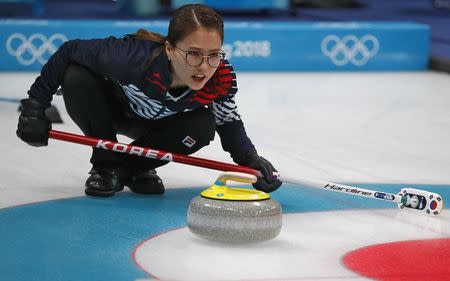 FILE PHOTO - Curling - Pyeongchang 2018 Winter Olympics - Women's Round Robin - South Korea v Olympic Athletes from Russia - Gangneung Curling Center - Gangneung, South Korea - February 21, 2018 - Skip Kim Eun-jung of South Korea delivers a stone. REUTERS/Phil Noble