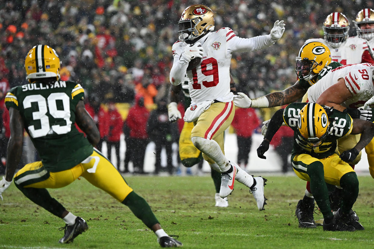 Deebo Samuell and the 49ers are going to the NFC championship game after upsetting the Packers. (Photo by Quinn Harris/Getty Images)