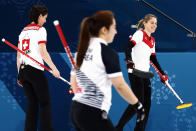 <p>Switzerland’s skip Silvana Tirinzoni, right, smiles after winning against Russian athletes at the women’s curling match at the 2018 Winter Olympics in Gangneung, South Korea, Monday, Feb. 19, 2018. (AP Photo/Aaron Favila) </p>